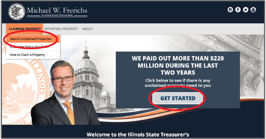 Search Unclaimed Properties dropdown location